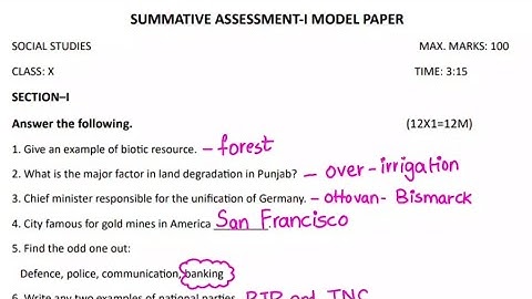 10th class social study self assessment term 1 exam question paper model paper with answers key