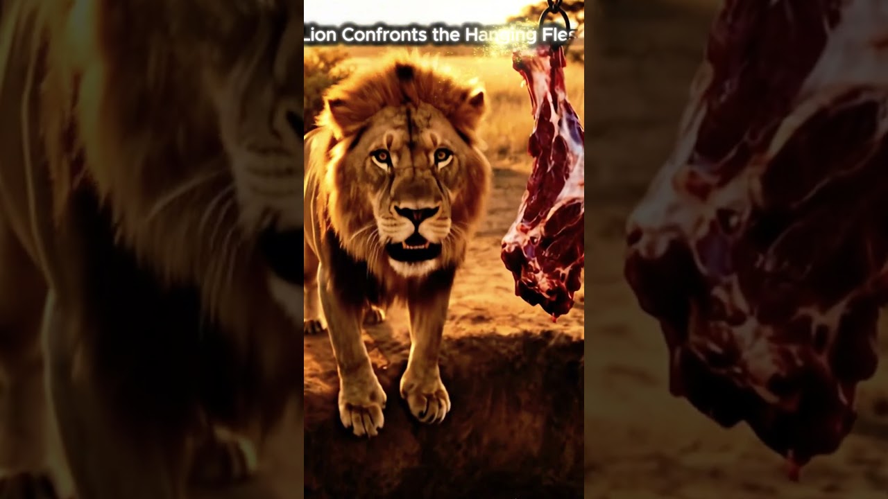 Lion vs Hanging Meat – A Cinematic Standoff at Sunset 🦁🔥 