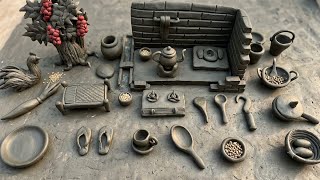 Miniature Clay House washroom making🏠how to make miniature kitchen set with clay/tree/mitti bartan
