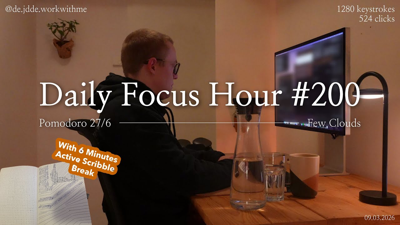 Daily Focus Hour | 2026-03-09T04:47:33 | Work With Me |Pomodoro 27/6| Partly Cloudy⛅ +Typing&Timer