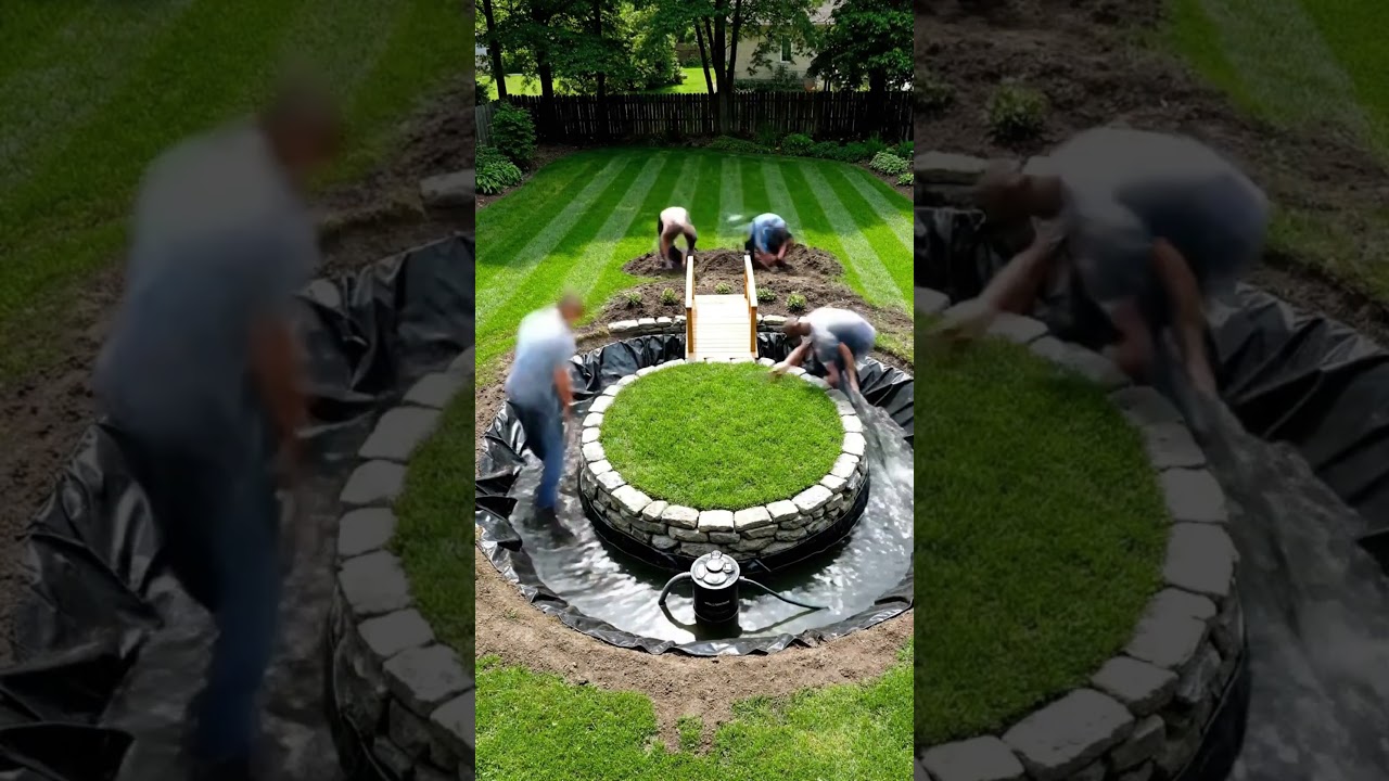 Backyard Pond Transformation with Grass Island 