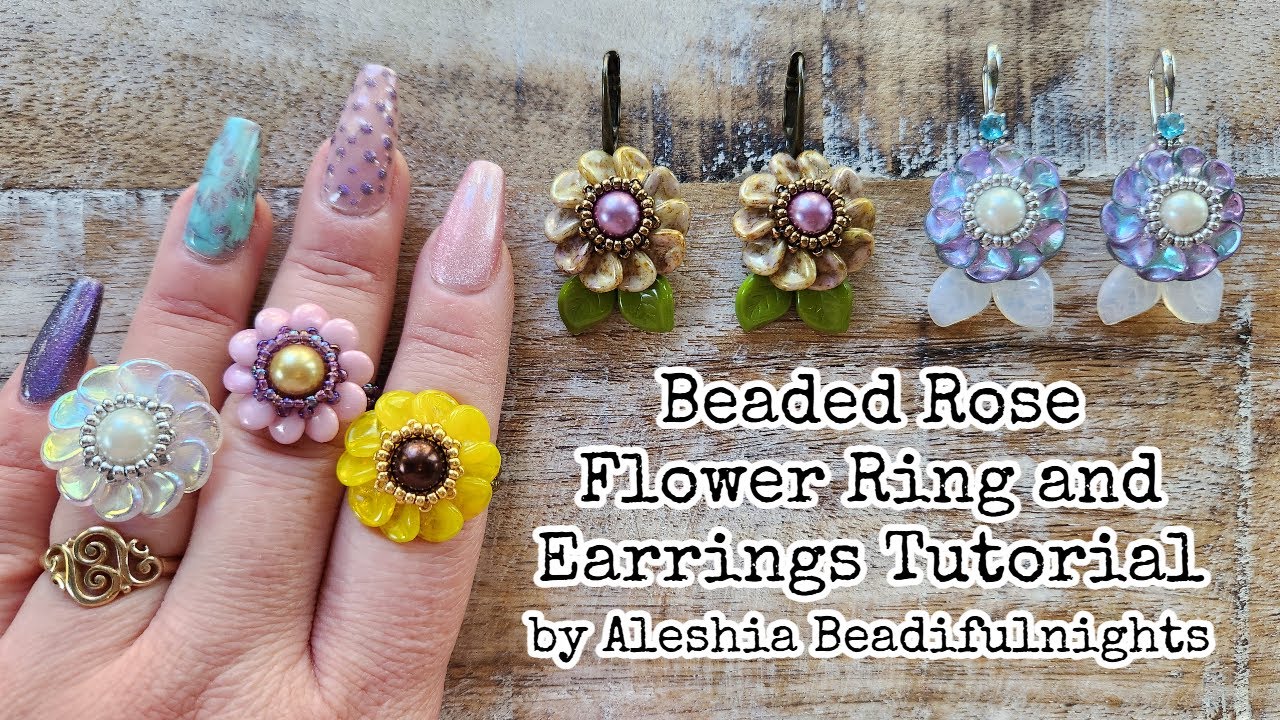 Beaded Rose Flower Ring and Earrings Tutorial | Czech Glass Rose Petal Beads