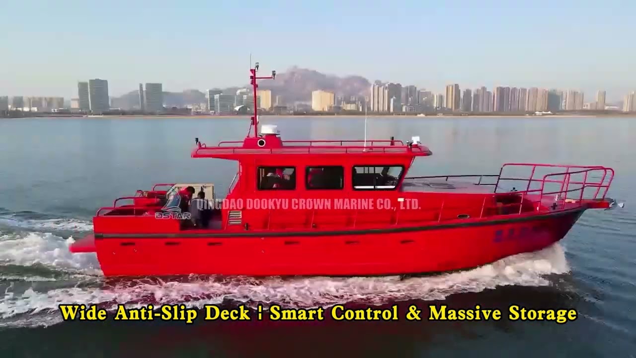 On Duty | 13.75m Red Multi-Purpose Workboat Underway at Sea