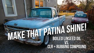 Patina polishing methods compared: CLR, boiled linseed oil, and buffing with rubbing compound