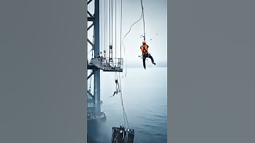 Worker Hangs From a Single Cable and Survives the Bridge Collapse! #fail #bridge #construction