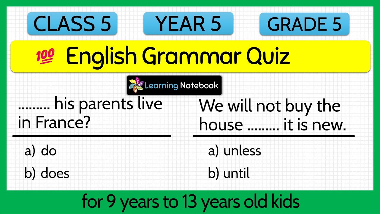 English Grammar Quiz for class 5 - English Grammar mcq