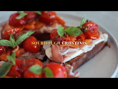 Peach, prosciutto burrata sourdough crostini with burst cherry tomatoes | Food&Home