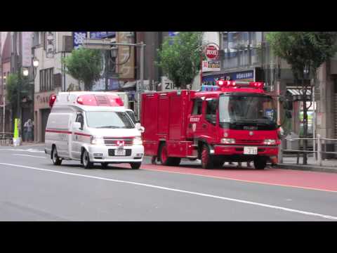 火災現場へ激走する消防車。fire trucks arrival.