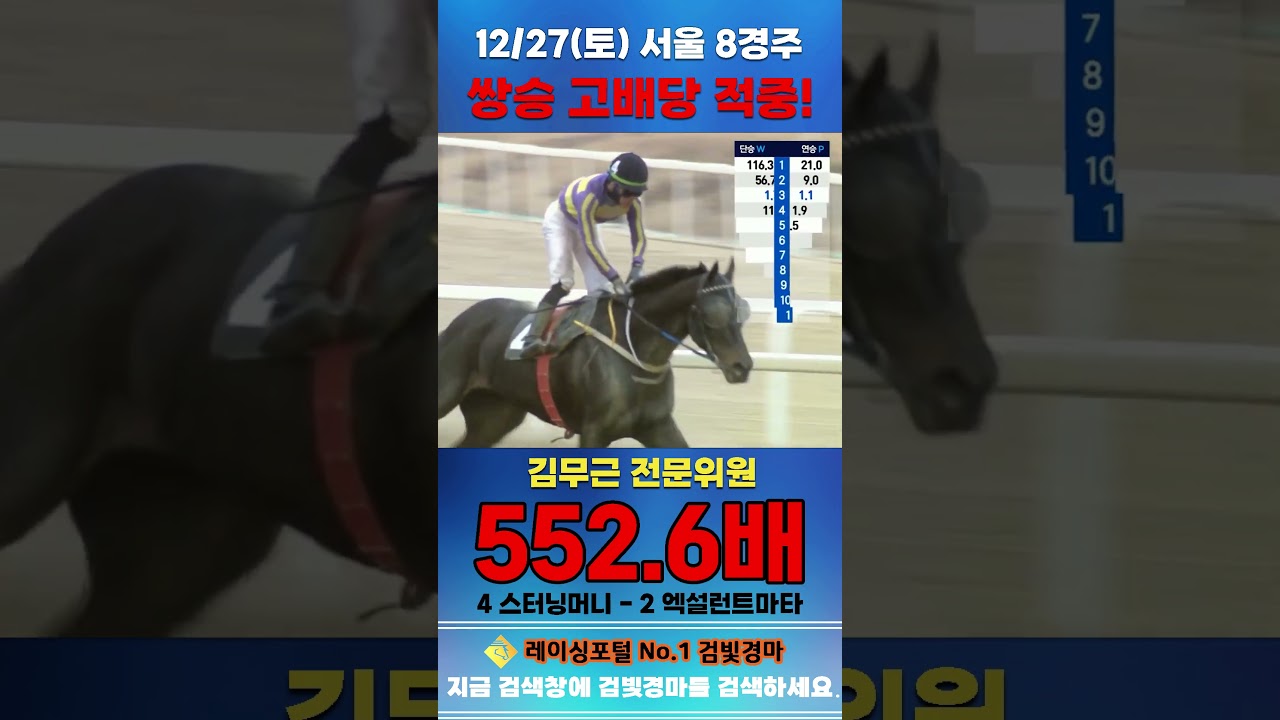[서울 경마] 12월 27일 토요 8경주 김무근 전문위원 쌍승 고배당 적중 #경마 #horse #한국마사회 #automobile #하이라이트 #비트코인