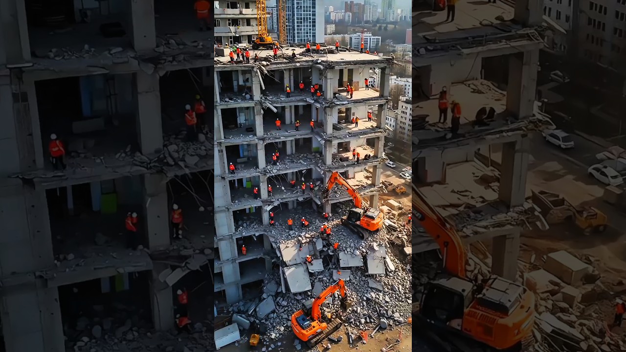 🏢Nur Sekunden vor dem Einsturz: Arbeiter besteigen halb abgerissenes Gebäude 