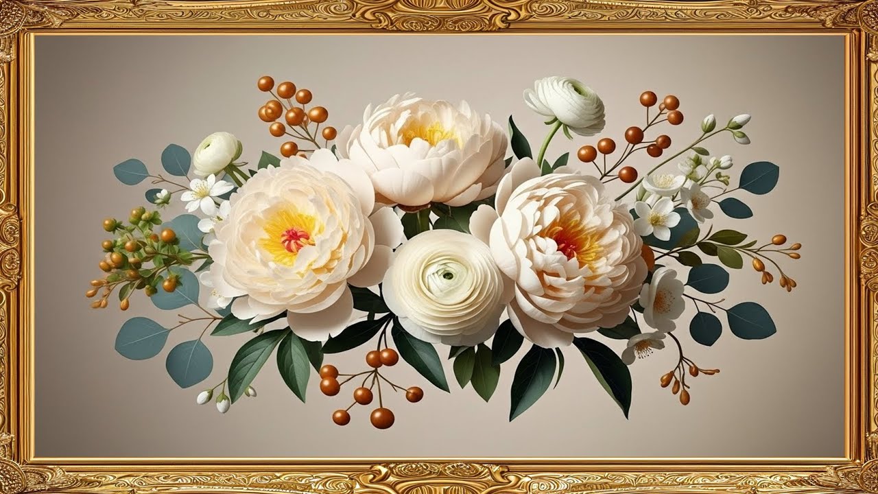 Golden Flower Glow:4K Vintage White Peonies Painting| TV Art with Gold Frame 