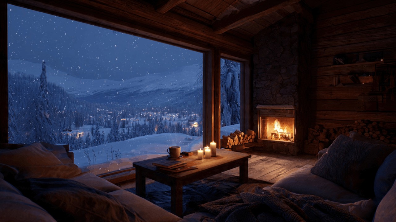 Cozy Cabin Winter Night | 🔥Crackling Fireplace | Calming Atmosphere