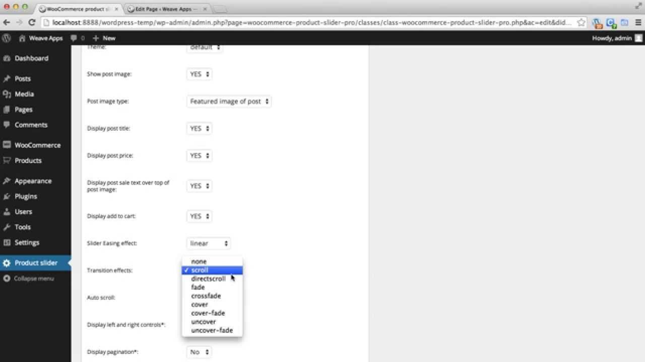 woocommerce product slider carousel wordpress plugin admin panel wordpress administration panel