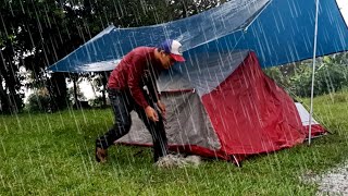 BEST HEAVY RAIN CAMPING - SOLO CAMPING IN HEAVY RAIN LONG THUNDERSTORMS - RELAXING CAMP