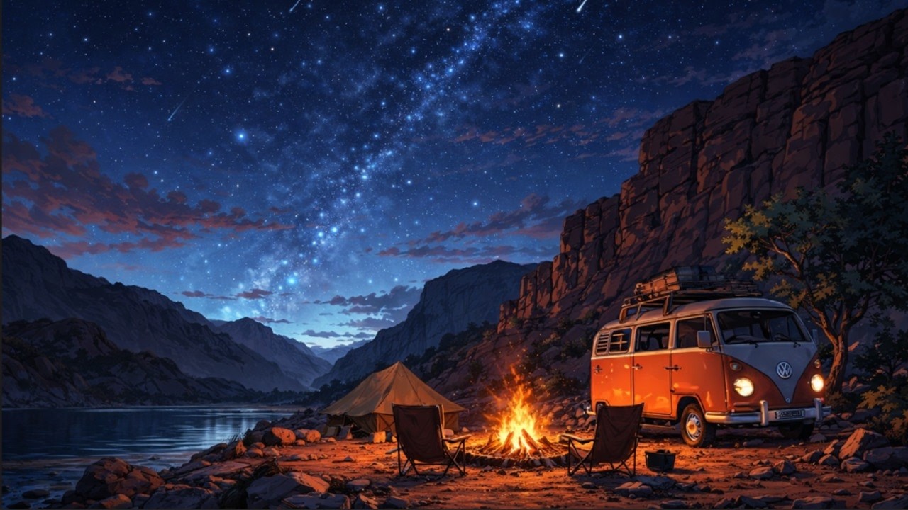 Deep Sleep Under the Stars 🌌 Campfire Ambience by the Lake | Relaxing  & Soft Ambient Music