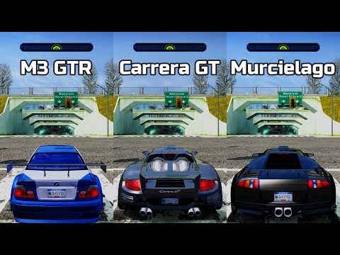 NFS Most Wanted: BMW M3 GTR vs Porsche Carrera GT vs Lamborghini Murcielago - Drag Race