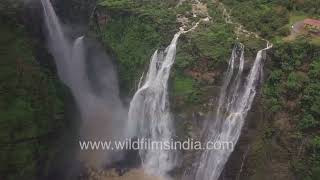 Stunning aerial view of Jog Falls in Western Ghats Karnataka : India's 2nd highest plunge waterfall