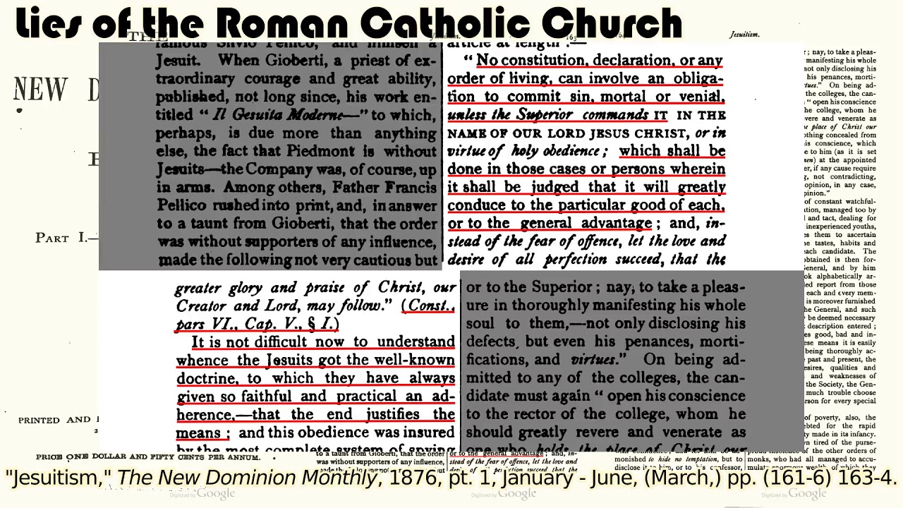Lies of the Roman Catholic Church ("Jesuitism," The New Dominion Monthly, 1876, pt. 1)