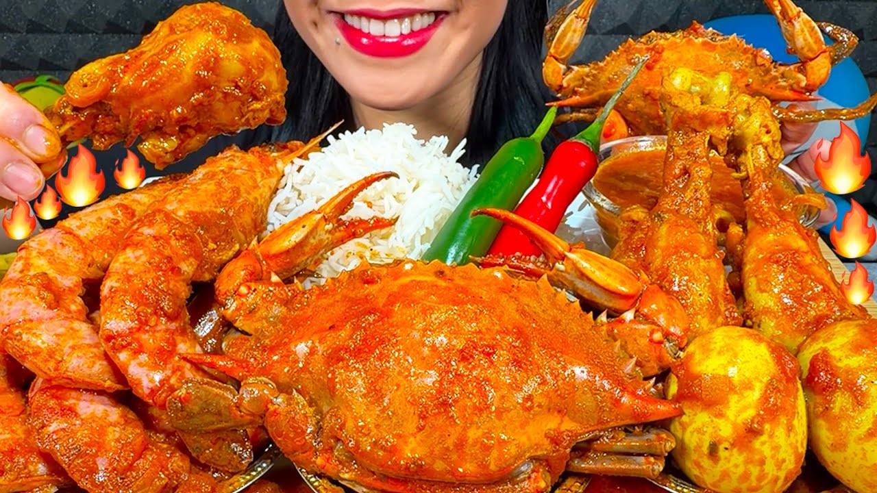 ASMR SPICY CHICKEN CURRY, CRAB CURRY, PRAWN CURRY, EGG CURRY, RICE MASSIVE Eating Sounds
