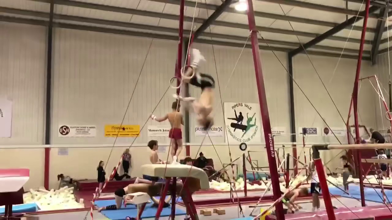 Rings Long swing to handstand, dislocate through handstand and double