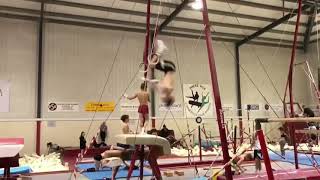 Rings - Long swing to handstand, dislocate through handstand and double back tuck full dismount