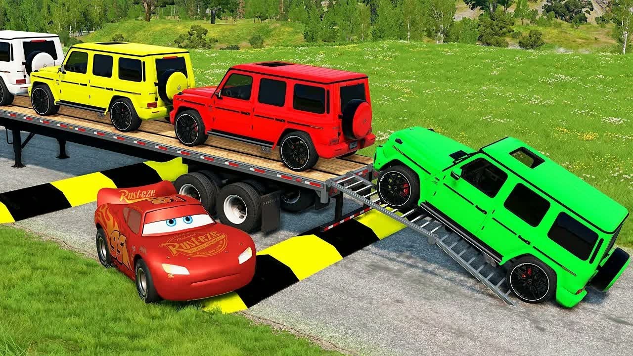 Flatbed Trailer McQueen Transportation with Truck - Speedbumps vs Cars vs Train - BeamNG.Drive #6