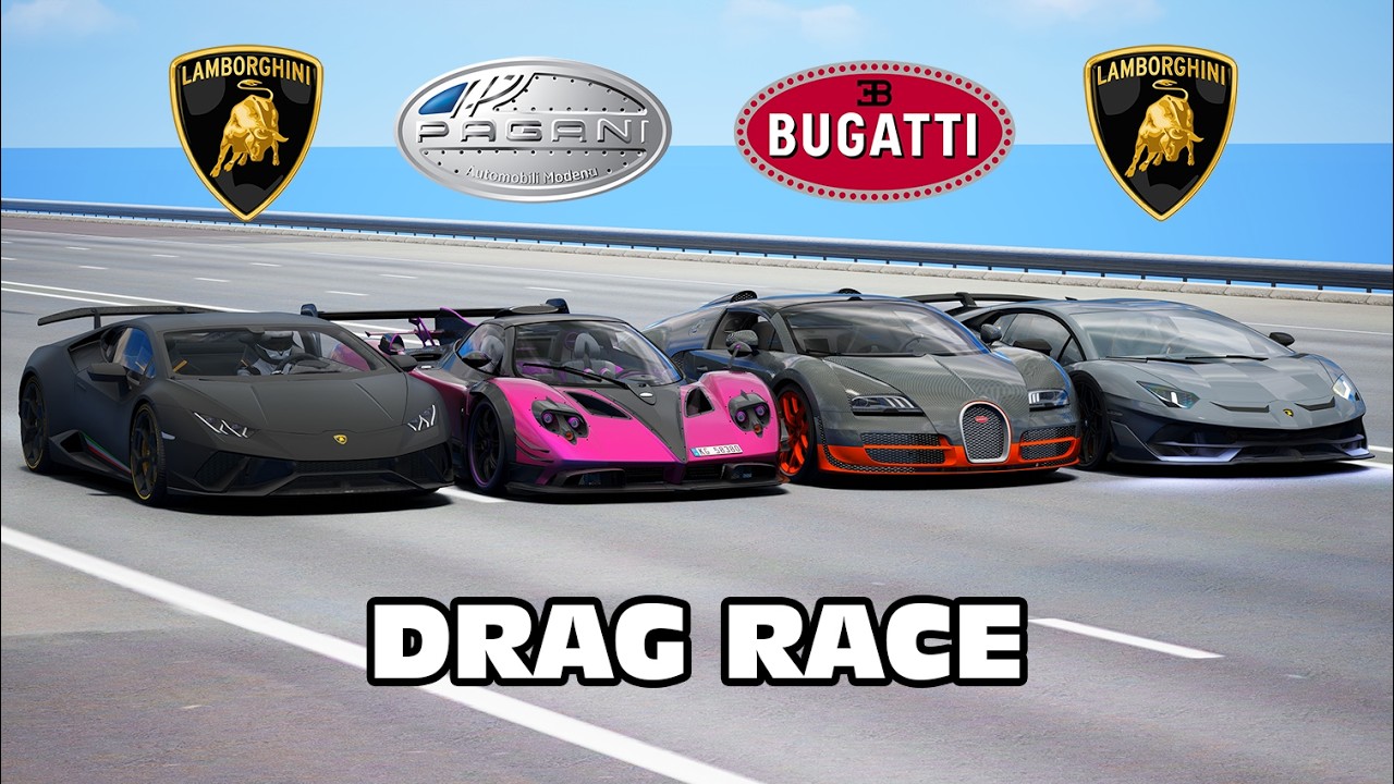 +1000HP Bugatti vs Aventador SVJ vs Huracan vs Pagani DRAG RACE