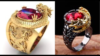 Anillos de Colección en Dorado y Plateado con Dragón Dorado y Piedra De Zirconia - Amuleto Feng Shui