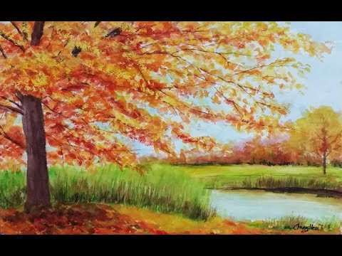 Painting Autumnal Scenery With Watercolor :수채화로 가을 풍경 그리기, 단풍 그리기 - Youtube