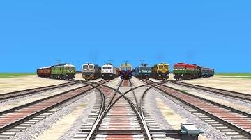 7 TRAINS🚂 CROSSING ON BUMPY CURVED RAILROAD CROSSING branched curved tracks | train simulator#train