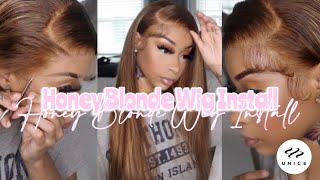 deep side part + baby hairs 🐝💖 honey blonde wiginstall Ft. unice hair