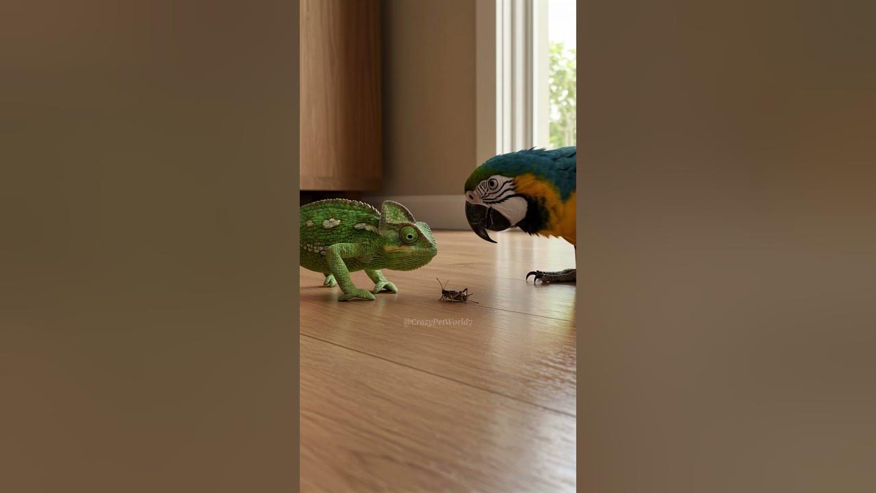 Macaw vs  Chameleon The Showdown Over a Cricket