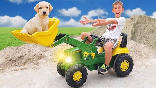 Funny Story about Tractor Excavator John Deere and labrador Puppy - Compilation