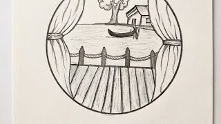 Easy Circle Village Scenery Drawing Step by Step | Beautiful Pencil Landscape Drawing for Beginners