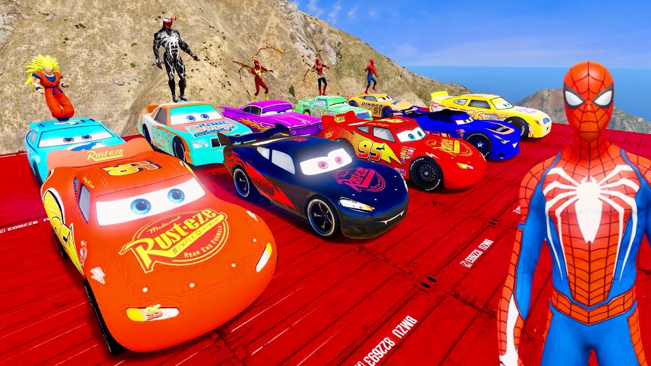 Spiderman Cars 3 McQueen Friends Narrow Bridge Impossible Stunt Challenge Superhero GTA V