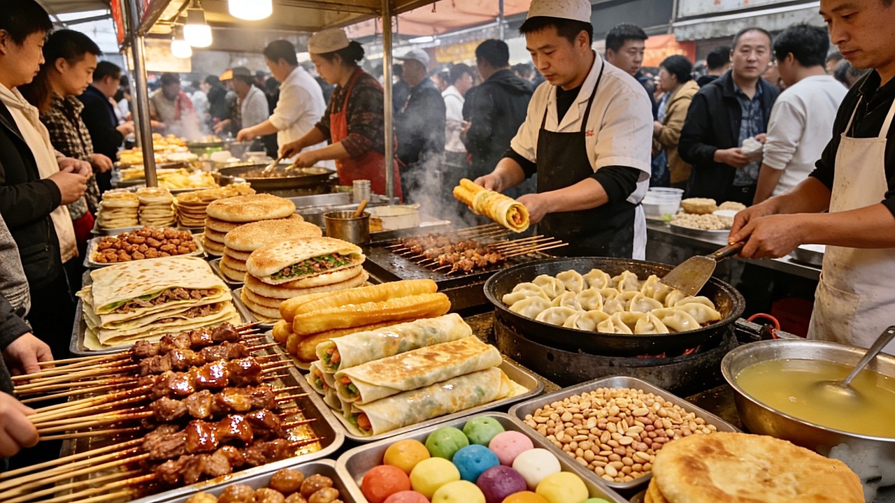 Завтраки в провинции Аньхой, Китай, и ночные рынки с едой, популярные среди молодежи.