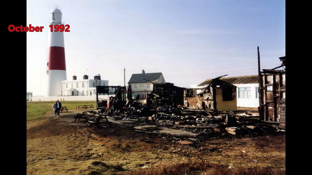 Fire destroys the iconic Lobster Pot restaurant at Portland Bill, 1992. Since rebuilt, popular
