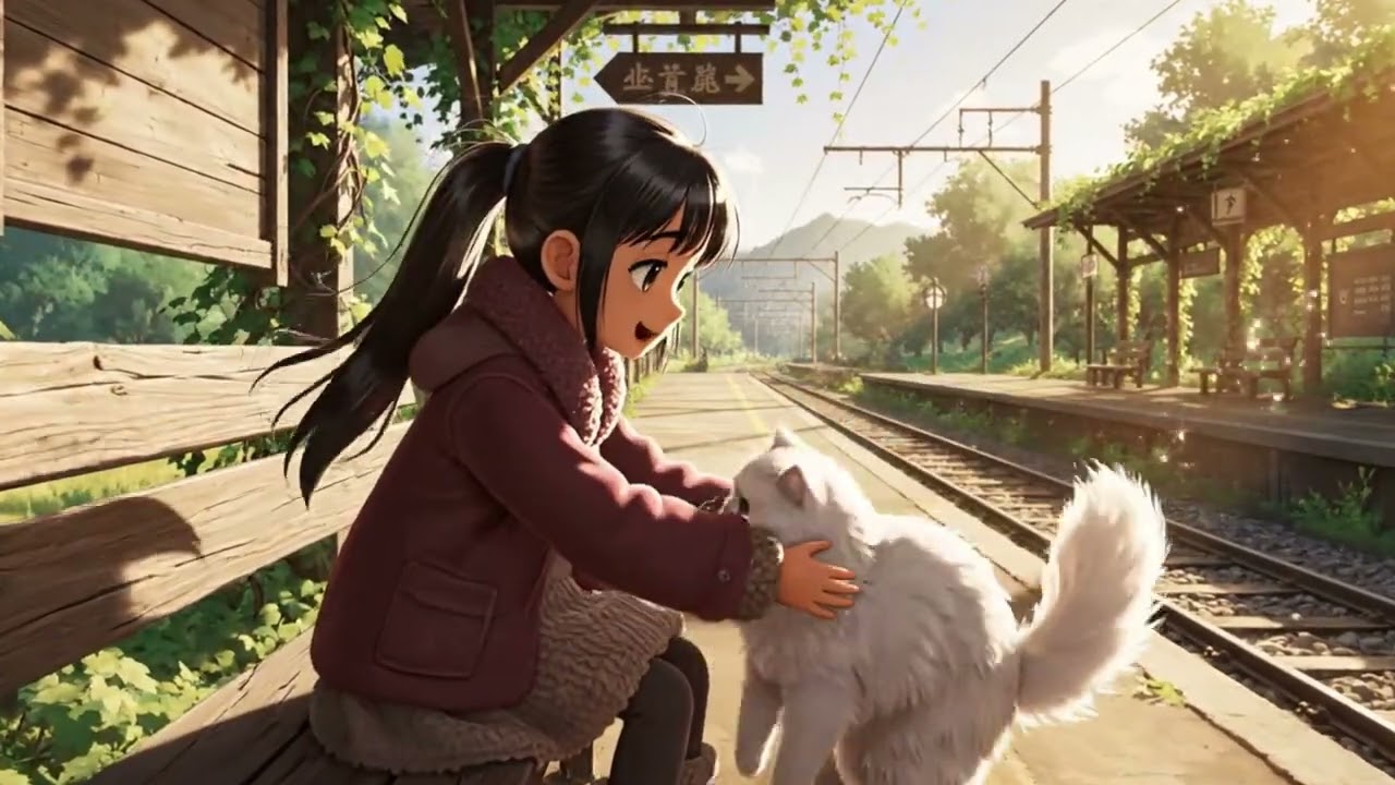 Solo Train Journey with a Girl and Her Cat  Cozy Healing Anime. mp4