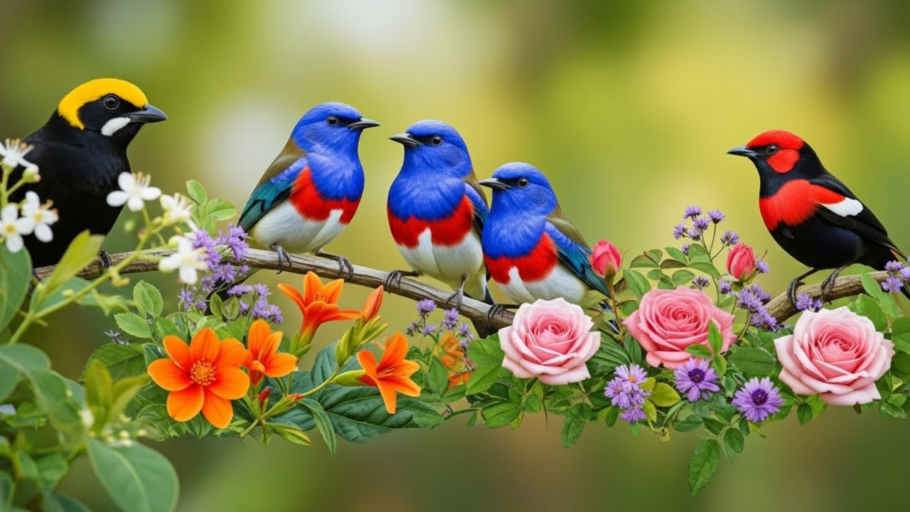 Colorful birds eat wild fruits