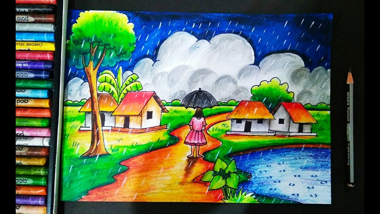 How to Draw Rainy Season scenery for kids/ step by step / Art by ...