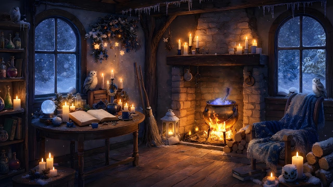 The Witch's Cabin in Winter Ambience - Crackling Fireplace, Soft Winter Storm Sounds - Cozy