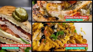 Table 12: 5 Under Golf Center serving up a turkey bacon panini, pork rib eye and 19th hole nachos