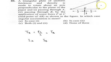 A triangular plate of uniform thickness and density is made to rotate about an axis perpendicula...