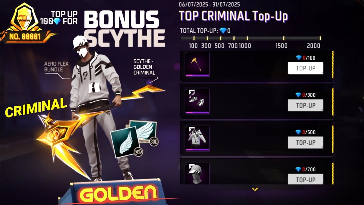 New Golden Criminal Scythe Skin in Top Up Event Free Fire