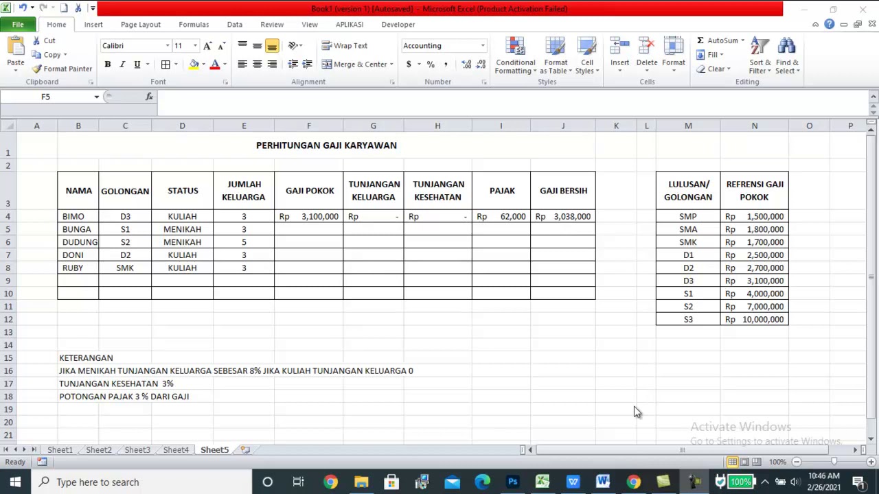 Menghitung gaji karyawan menggunakan ms.excel fungsi  