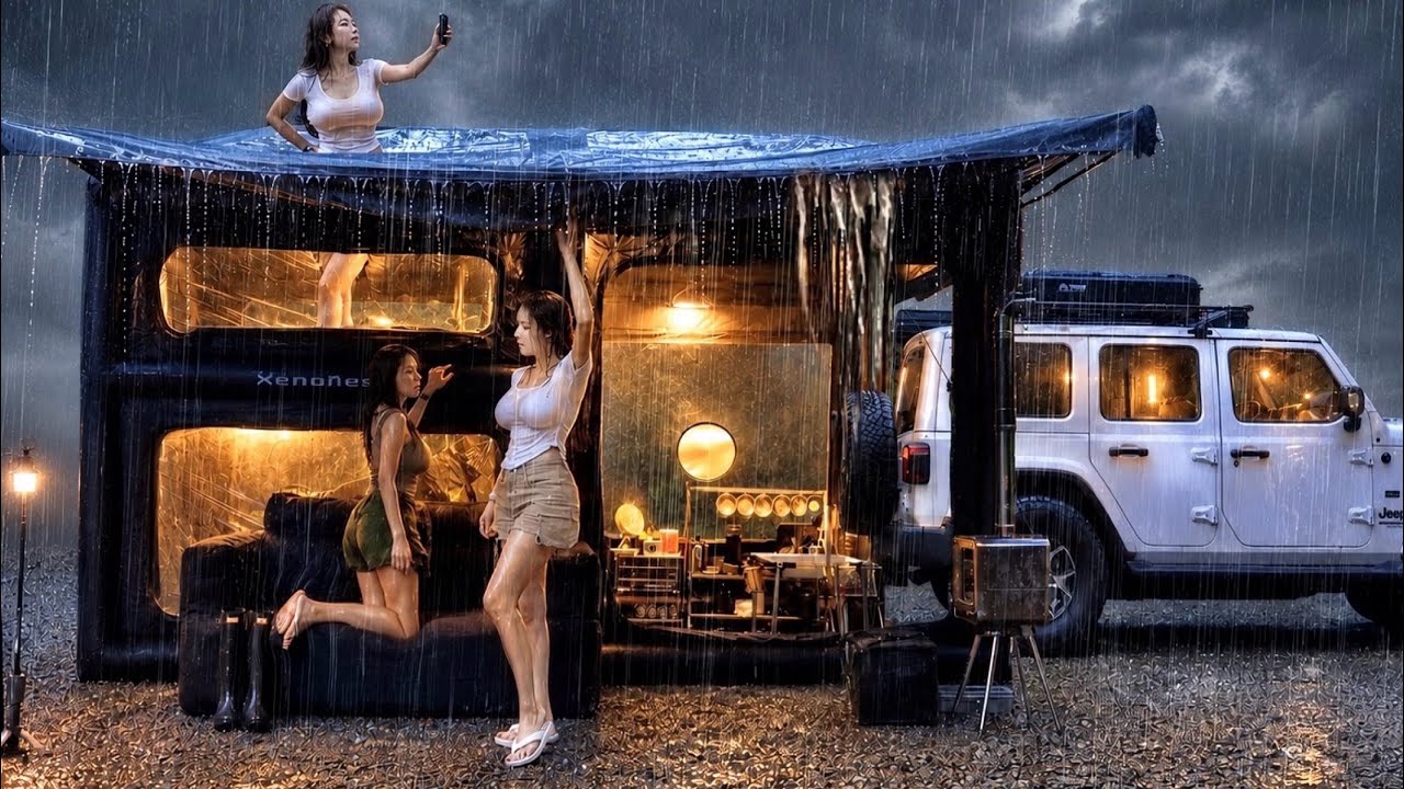 ⁣Camping in a Giant $3,600 2-Story Air Tent Amid Heavy Rain