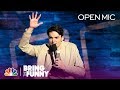 Comic michael longfellow performs in the open mic round  bring the funny open mic