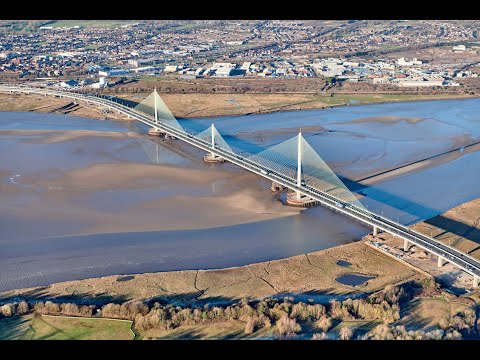 Drone shots of Mersey Gateway bridge from March 2021 between Widnes and Runcorn, across River Mersey