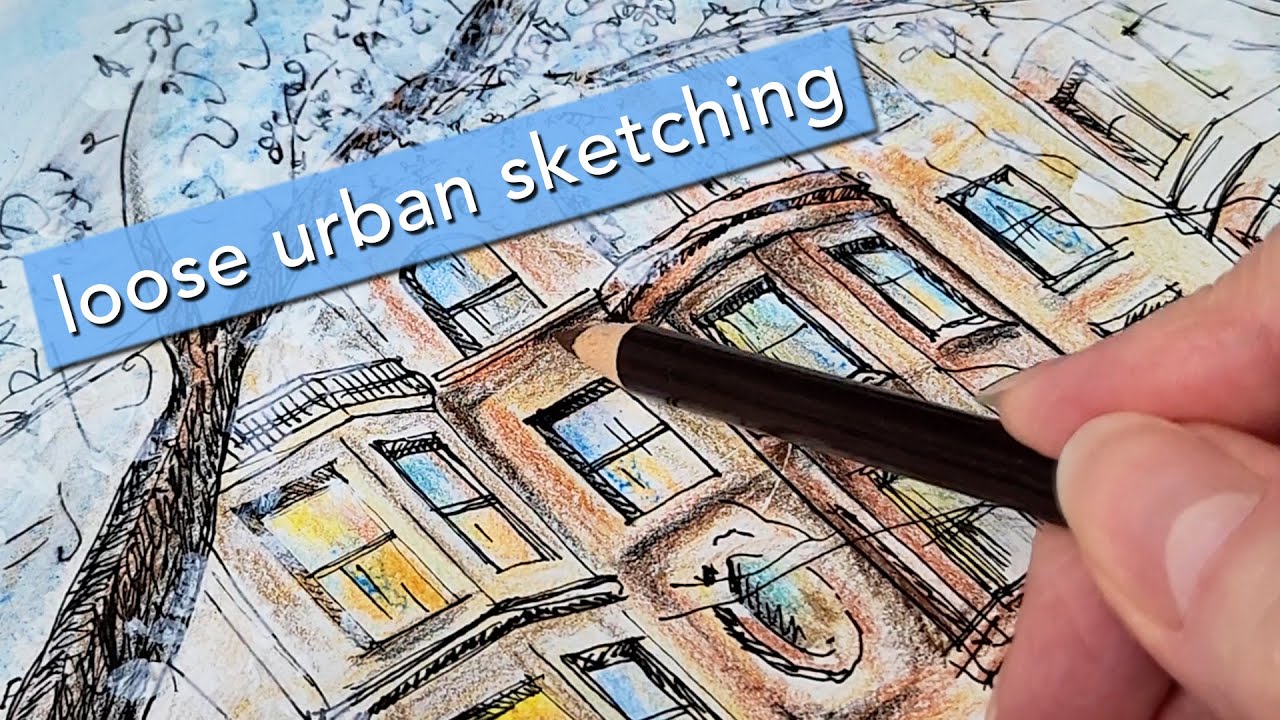 Loose Urban Sketching practice with fountain pen & colored pencils | Beginner level | Mixed media