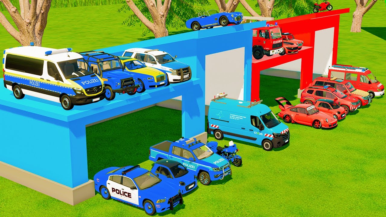 TRANSPORTING CARS, AMBULANCE, POLICE CARS, FIRE TRUCK OF COLORS! WITH TRUCKS! - FS 22